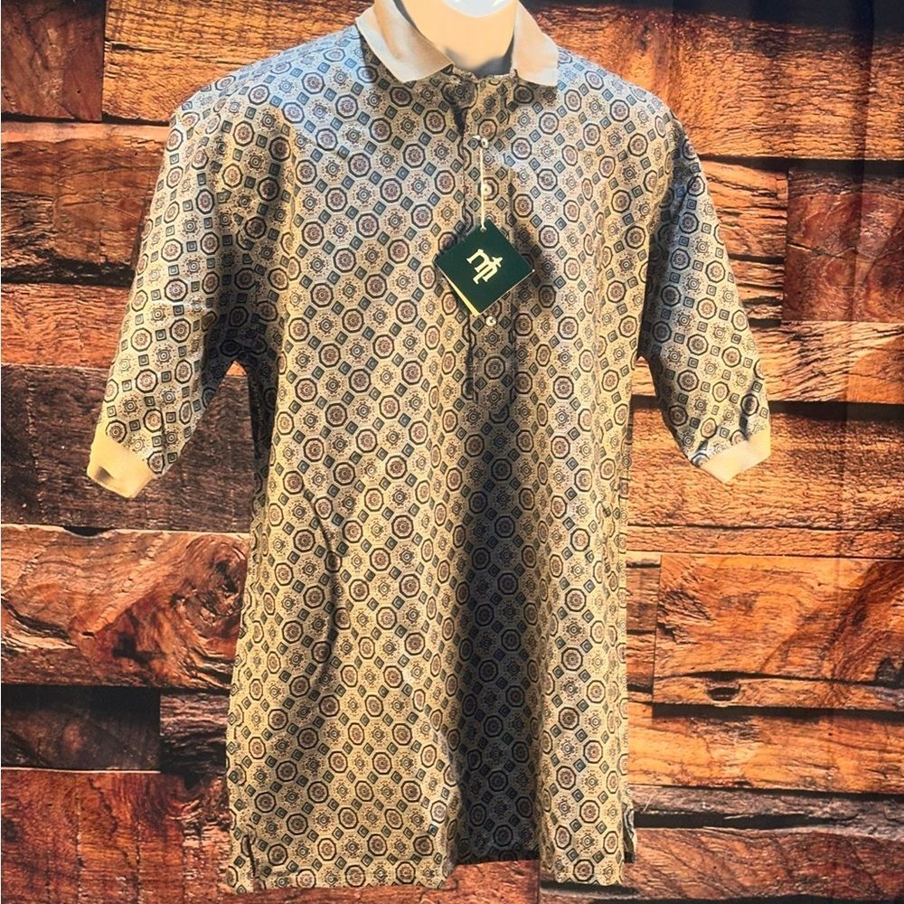 Men's Patterned Blue Geometric Polo with Contrast Collar